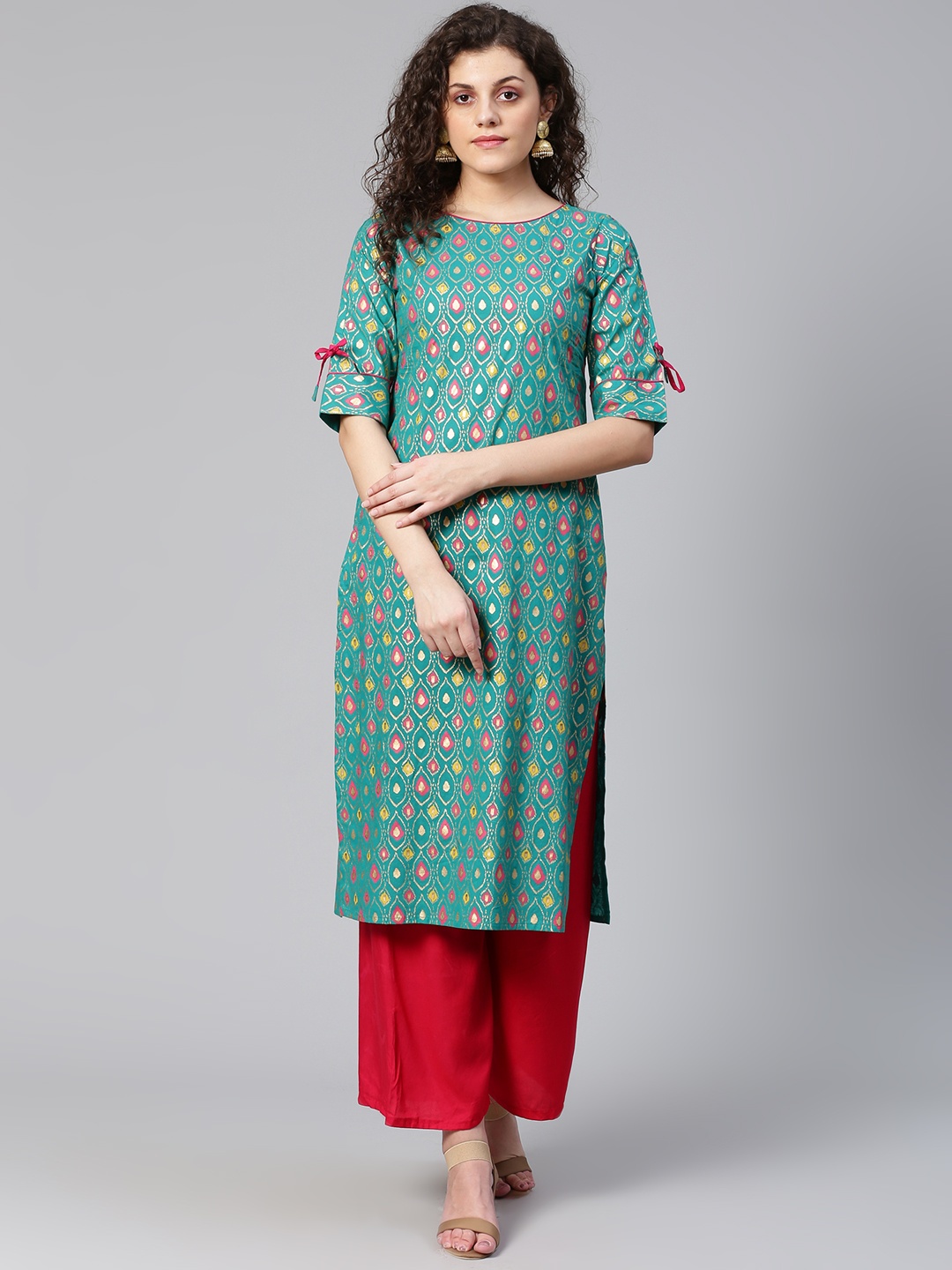 

Meeranshi Women Green & Pink Printed Straight Kurta