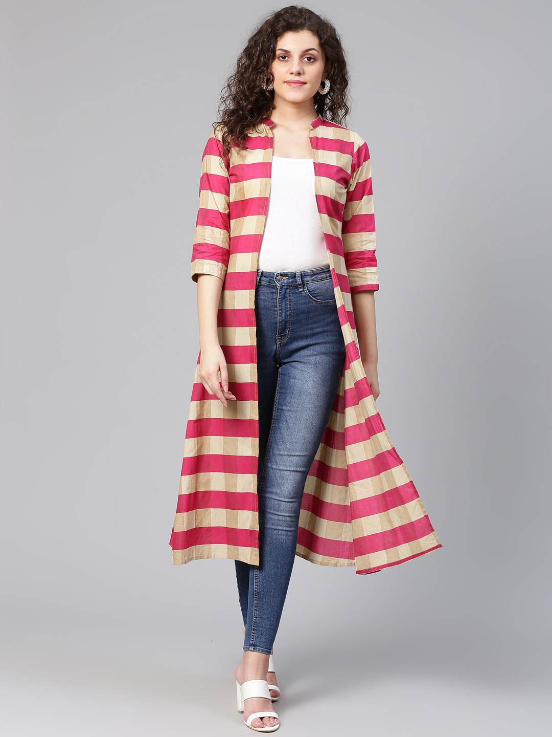 

Meeranshi Women Pink & Beige Striped Open Front Longline Shrug
