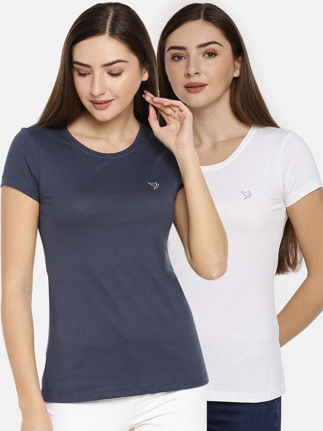 

TWIN BIRDS Women Pack Of 2 Solid Round Neck Pure Cotton T-shirt, Blue