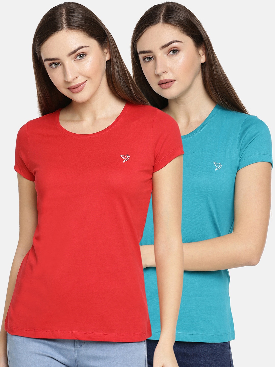 

TWIN BIRDS Women Pack of 2 Solid Round Neck Pure Cotton T-shirt, Turquoise blue