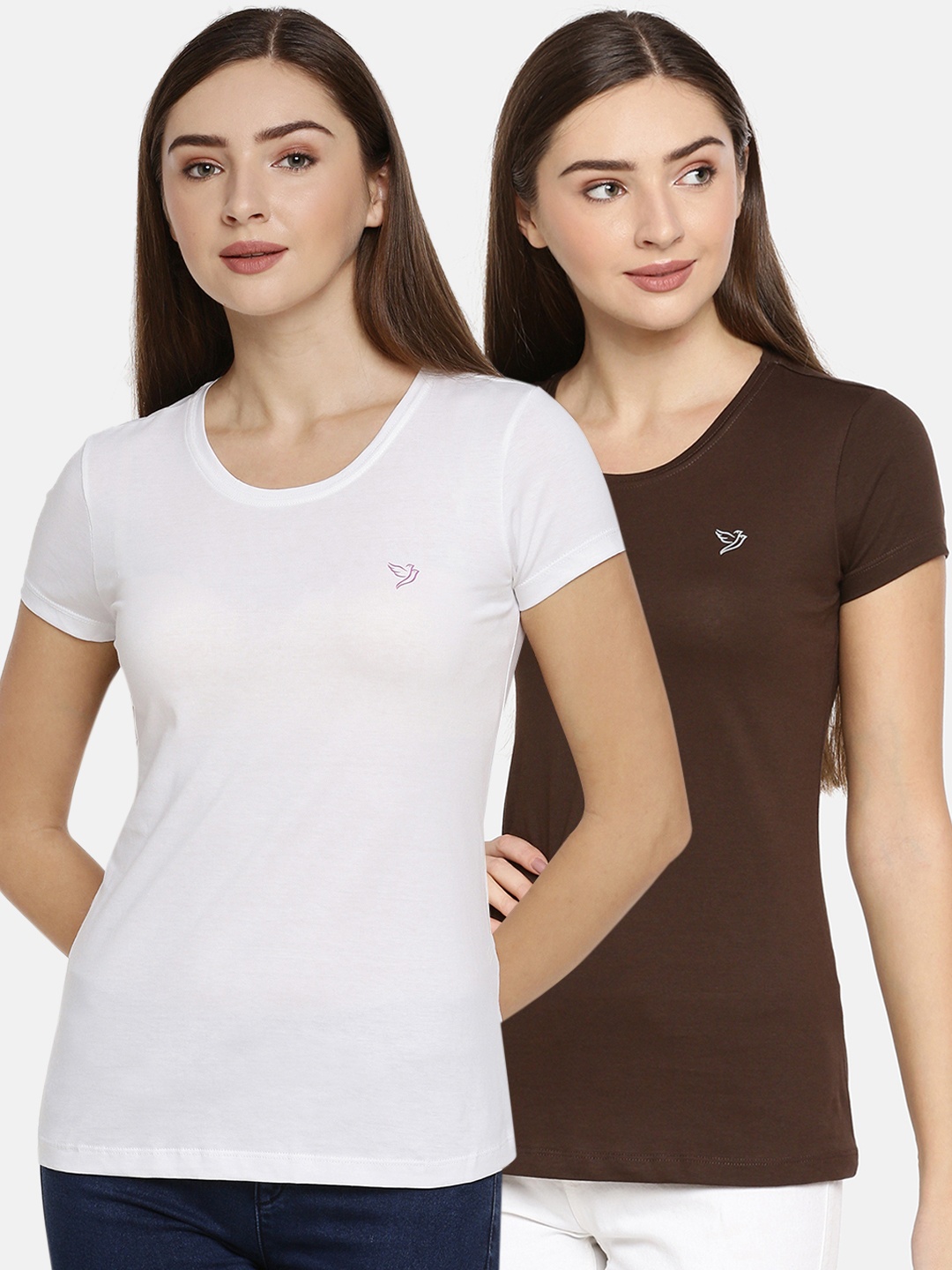 

TWIN BIRDS Women Pack of 2 Solid Round Neck Pure Cotton T-shirts, White