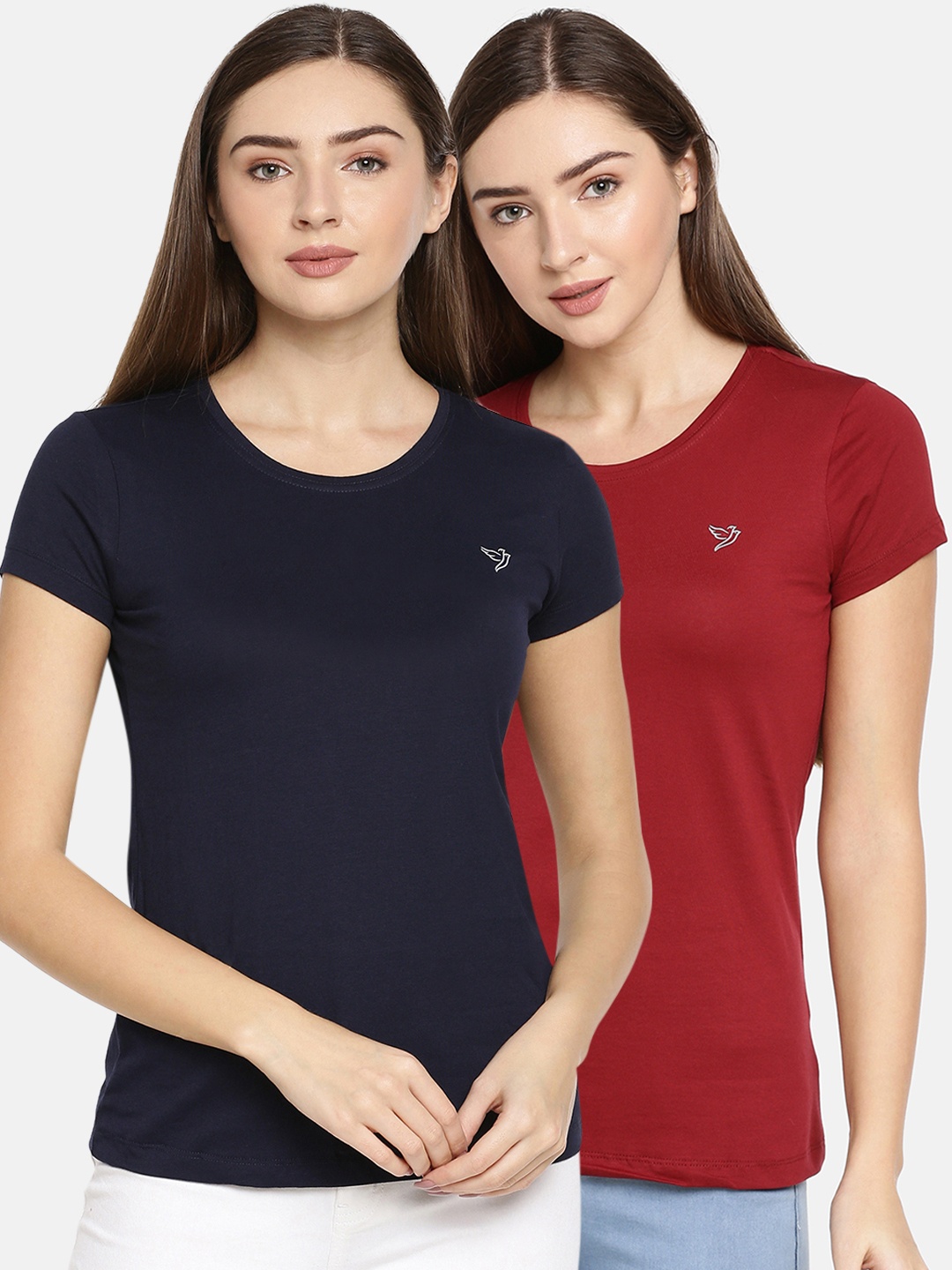 

TWIN BIRDS Women Pack Of 2 Solid Round Neck Pure Cotton T-shirt, Navy blue