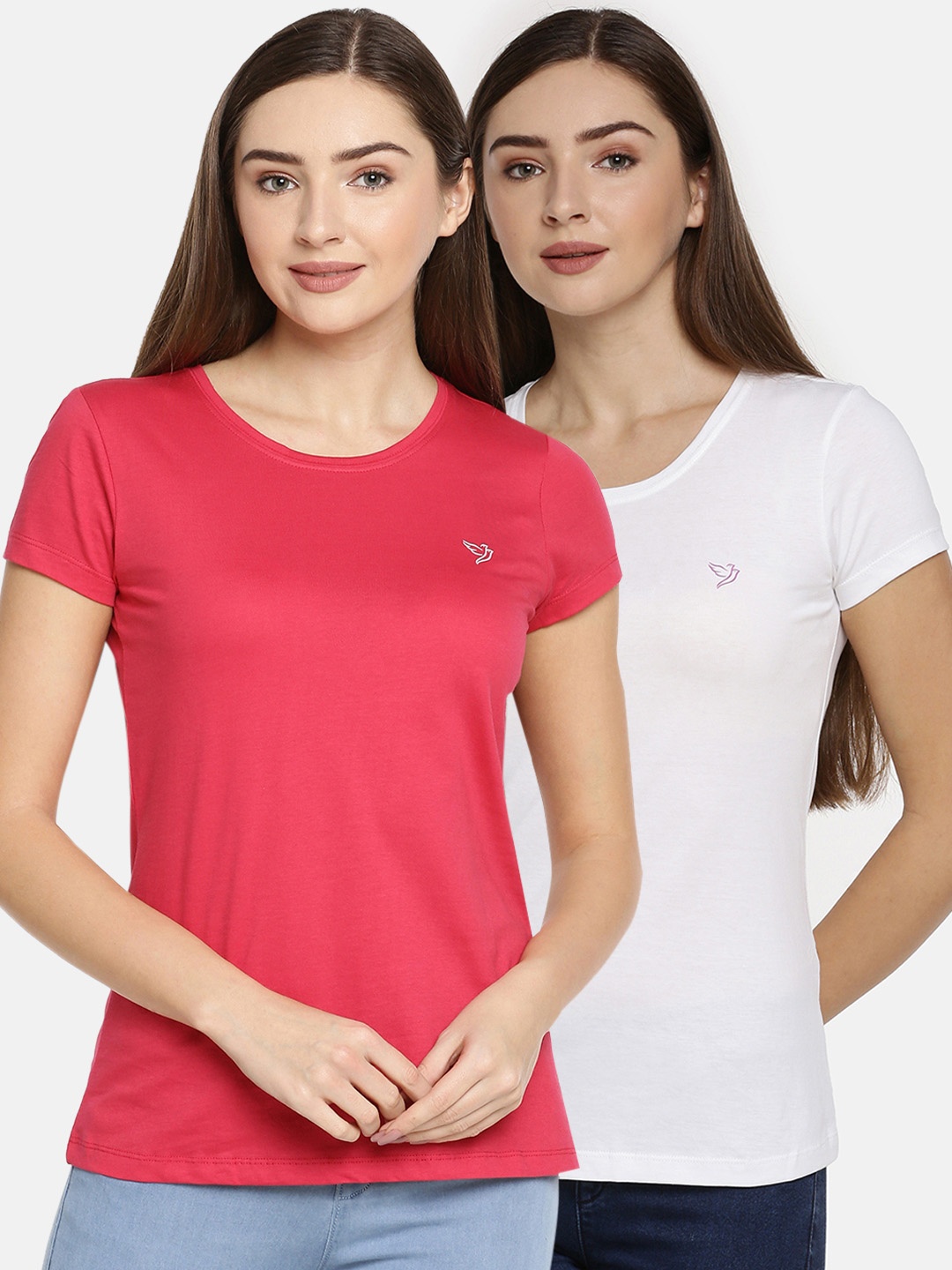 

TWIN BIRDS Women Pack Of 2 Coral Pink White Solid Round Neck Pure Cotton T-shirt