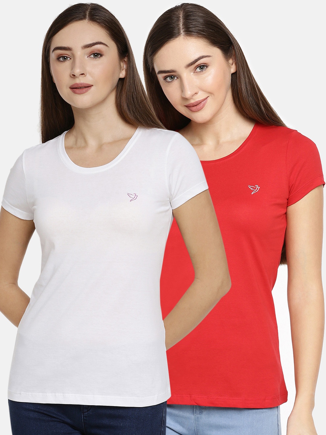 

TWIN BIRDS Women Pack Of 2 Solid Round Neck Pure Cotton T-shirt, Red