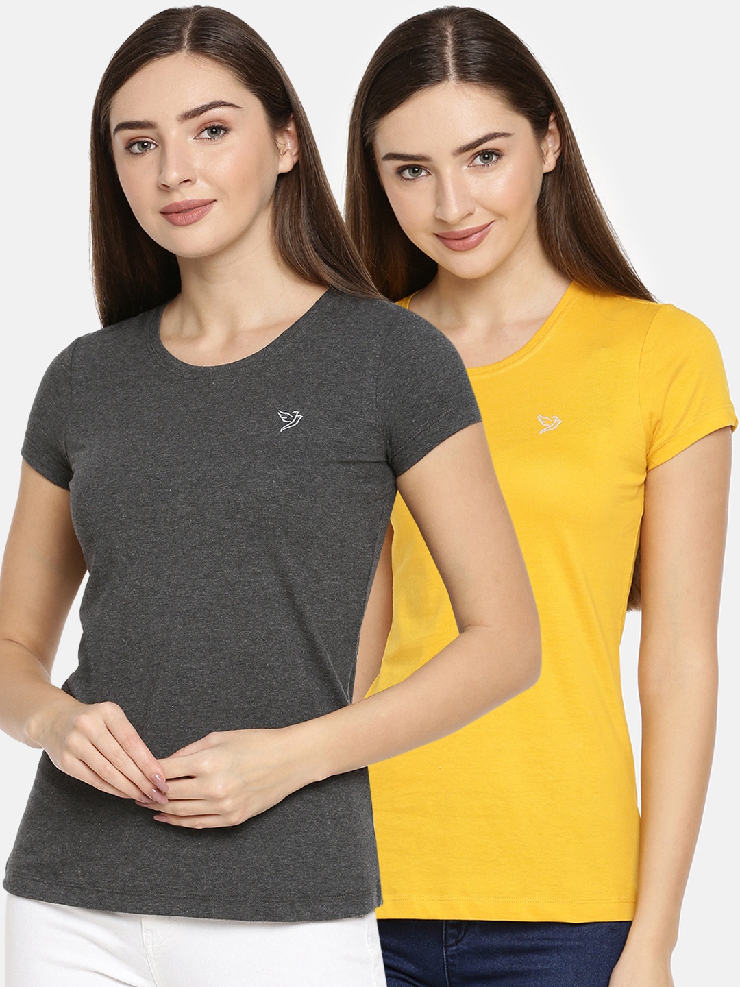 

TWIN BIRDS Women Pack of 2 Solid Round Neck T-shirt, Charcoal