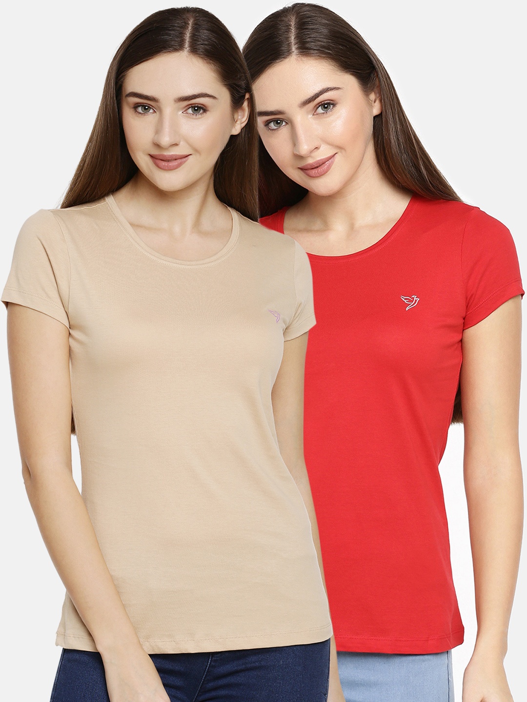 

TWIN BIRDS Women Pack of 2 Solid Round Neck Pure Cotton T-shirt, Red