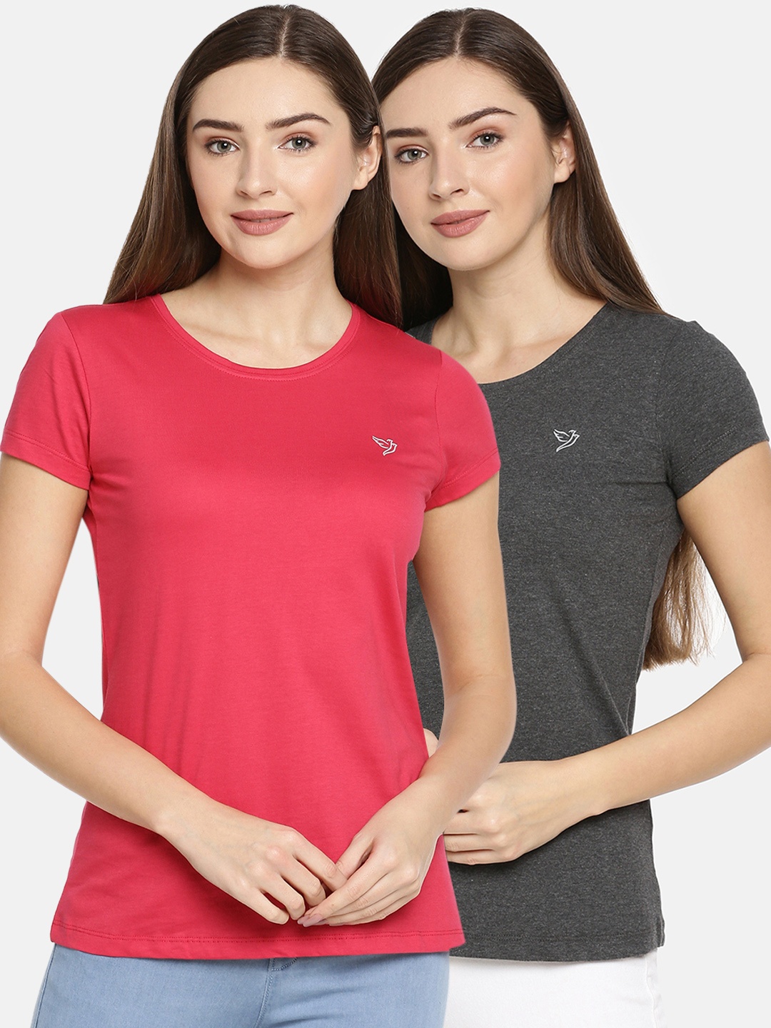 

TWIN BIRDS Women Pink Solid Round Neck T-shirt