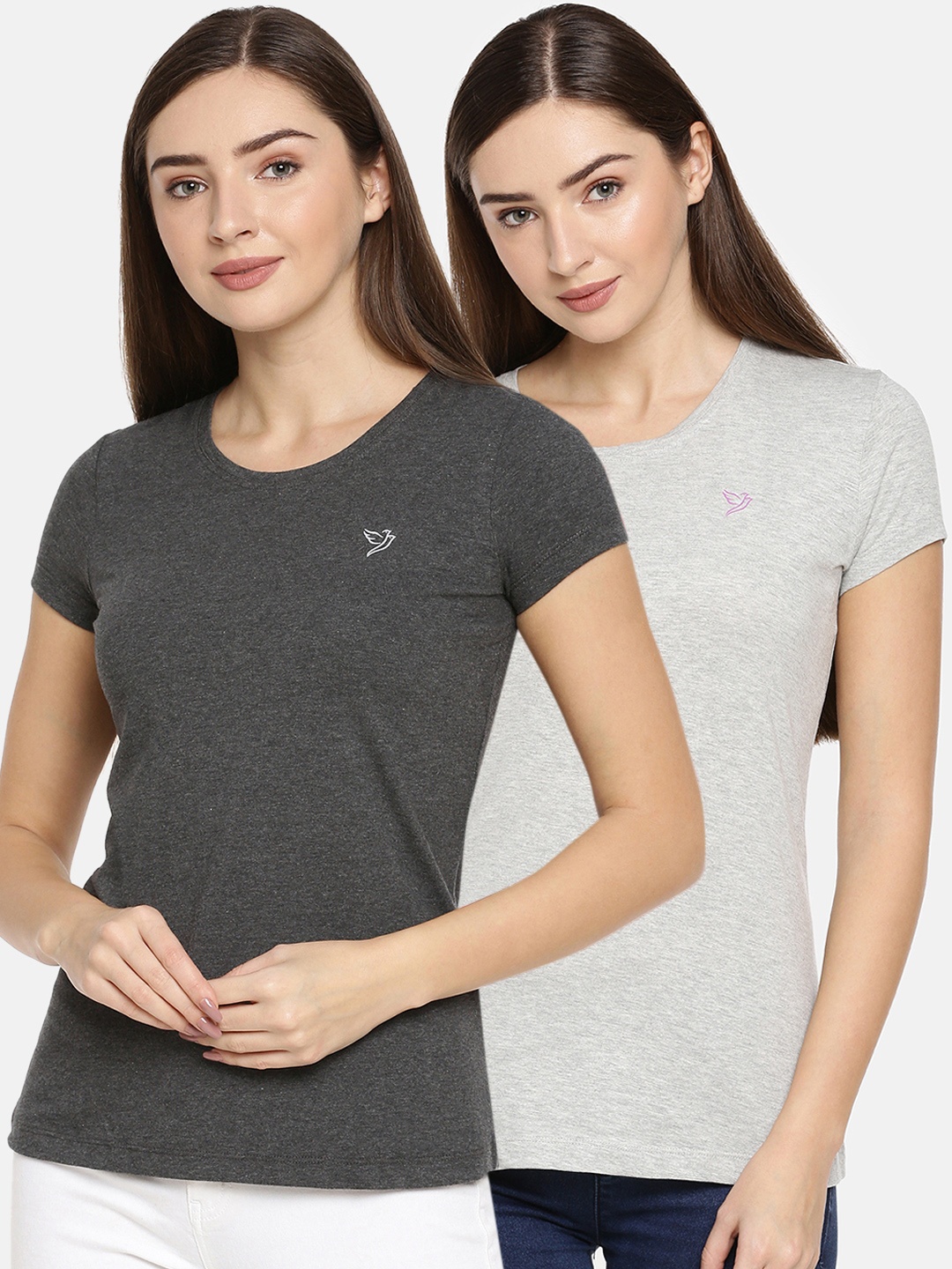 

TWIN BIRDS Women Pack of 2 Solid Round Neck T-shirt, Charcoal