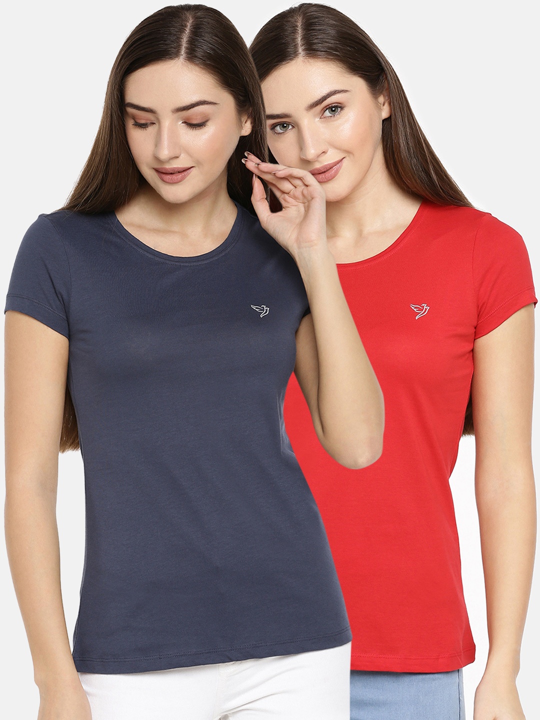 

TWIN BIRDS Women Pack of 2 Solid Round Neck Pure Cotton T-shirt, Navy blue