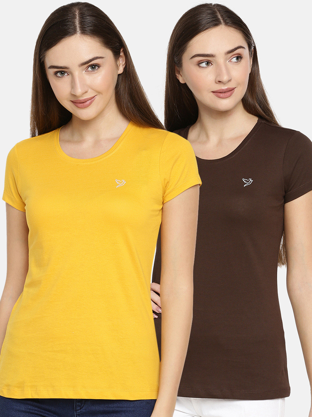 

TWIN BIRDS Women Pack Of 2 Yellow Brown Solid Round Neck Pure Cotton T-shirt