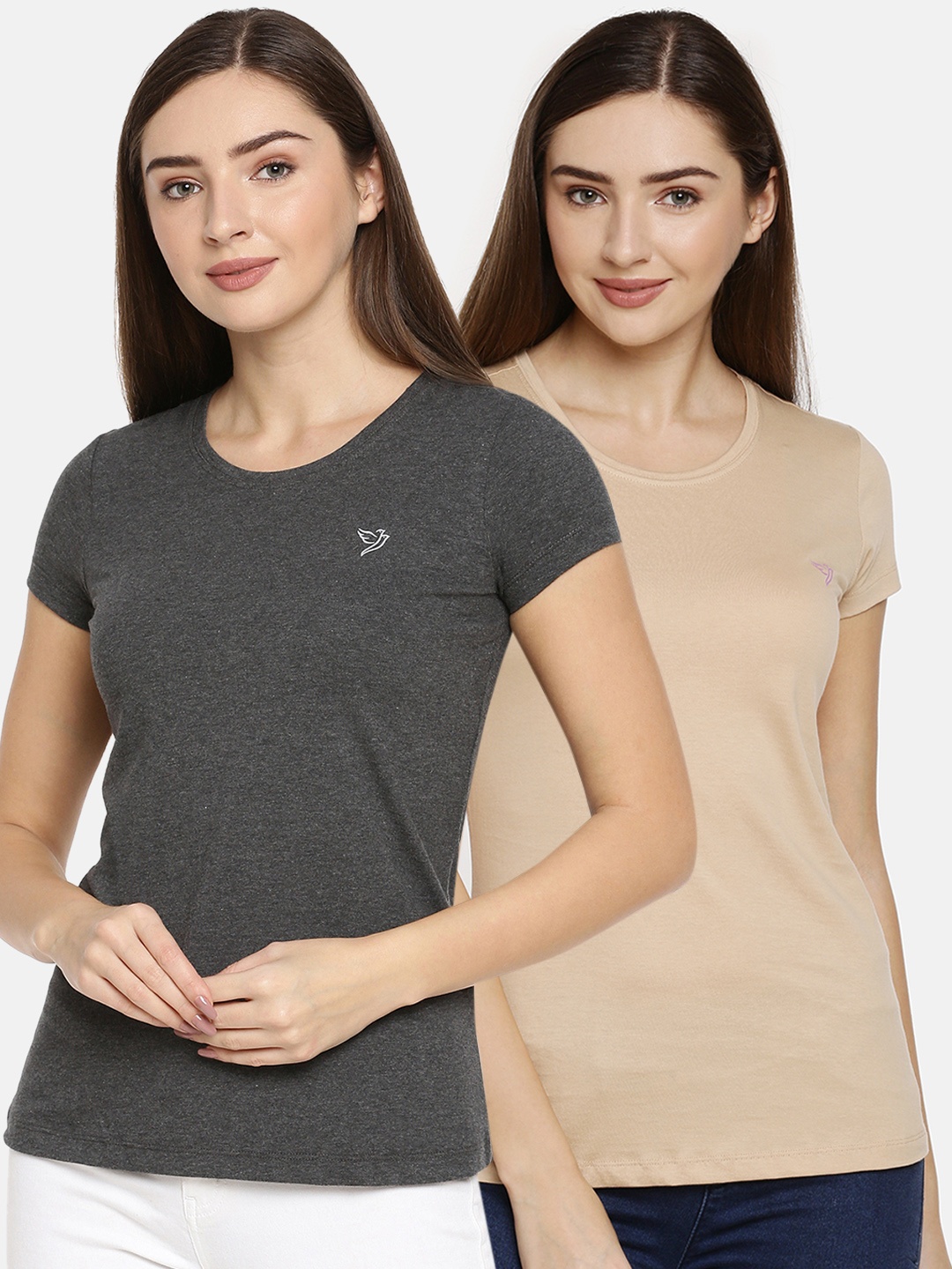 

TWIN BIRDS Women Pack Of 2 Solid Round Neck T-shirt, Beige