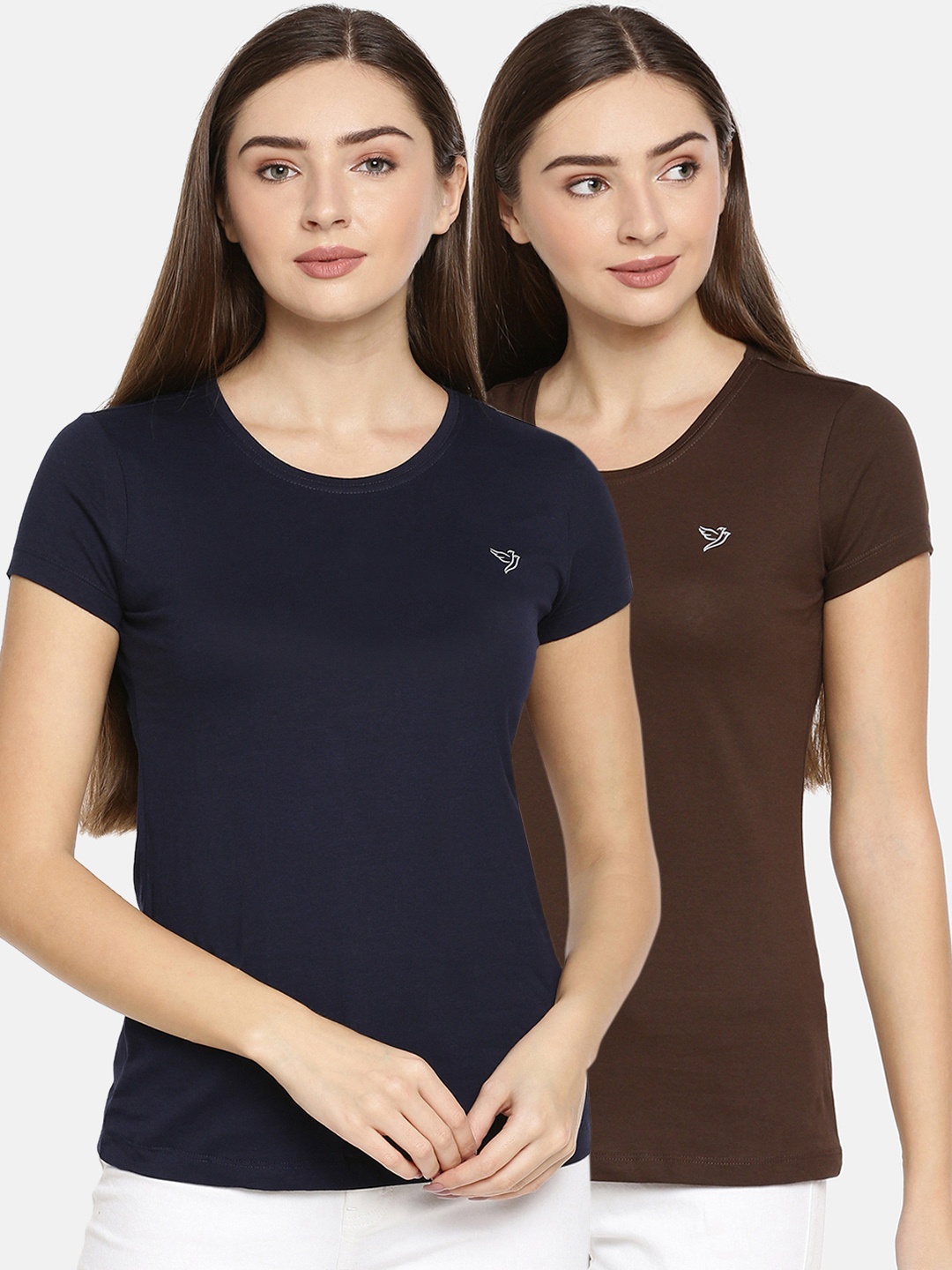 

TWIN BIRDS Women Pack of 2 Solid Round Neck Pure Cotton T-shirt, Navy blue