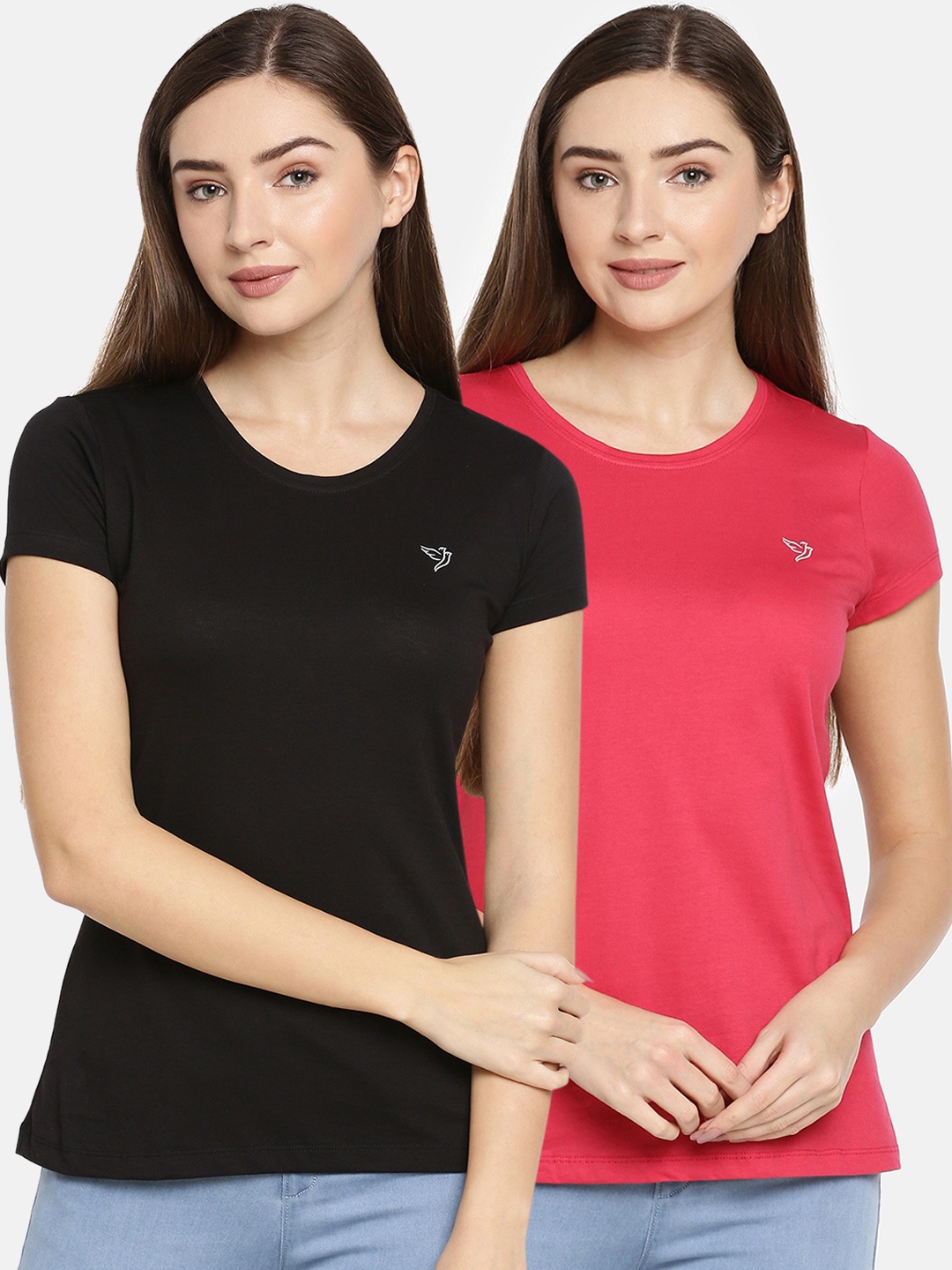 

TWIN BIRDS Women Pack of 2 Solid Round Neck Pure Cotton T-shirt, Black