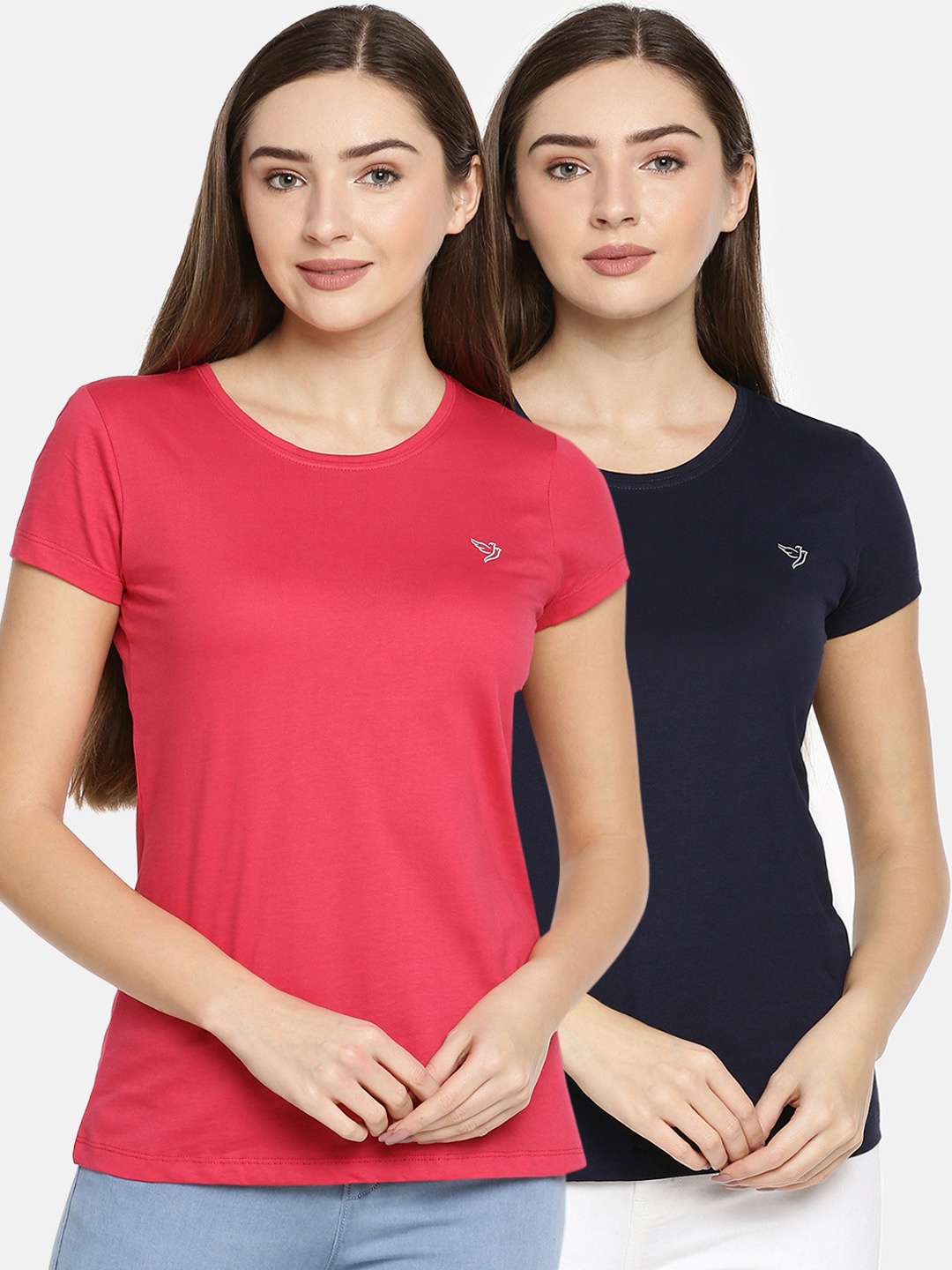 

TWIN BIRDS Women Pack of 2 Solid Round Neck Pure Cotton T-shirt, Pink