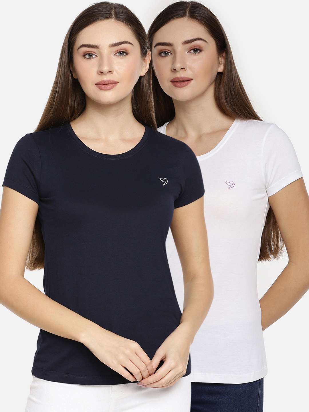 

TWIN BIRDS Women Pack of 2 Solid Round Neck Pure Cotton T-shirt, Navy blue