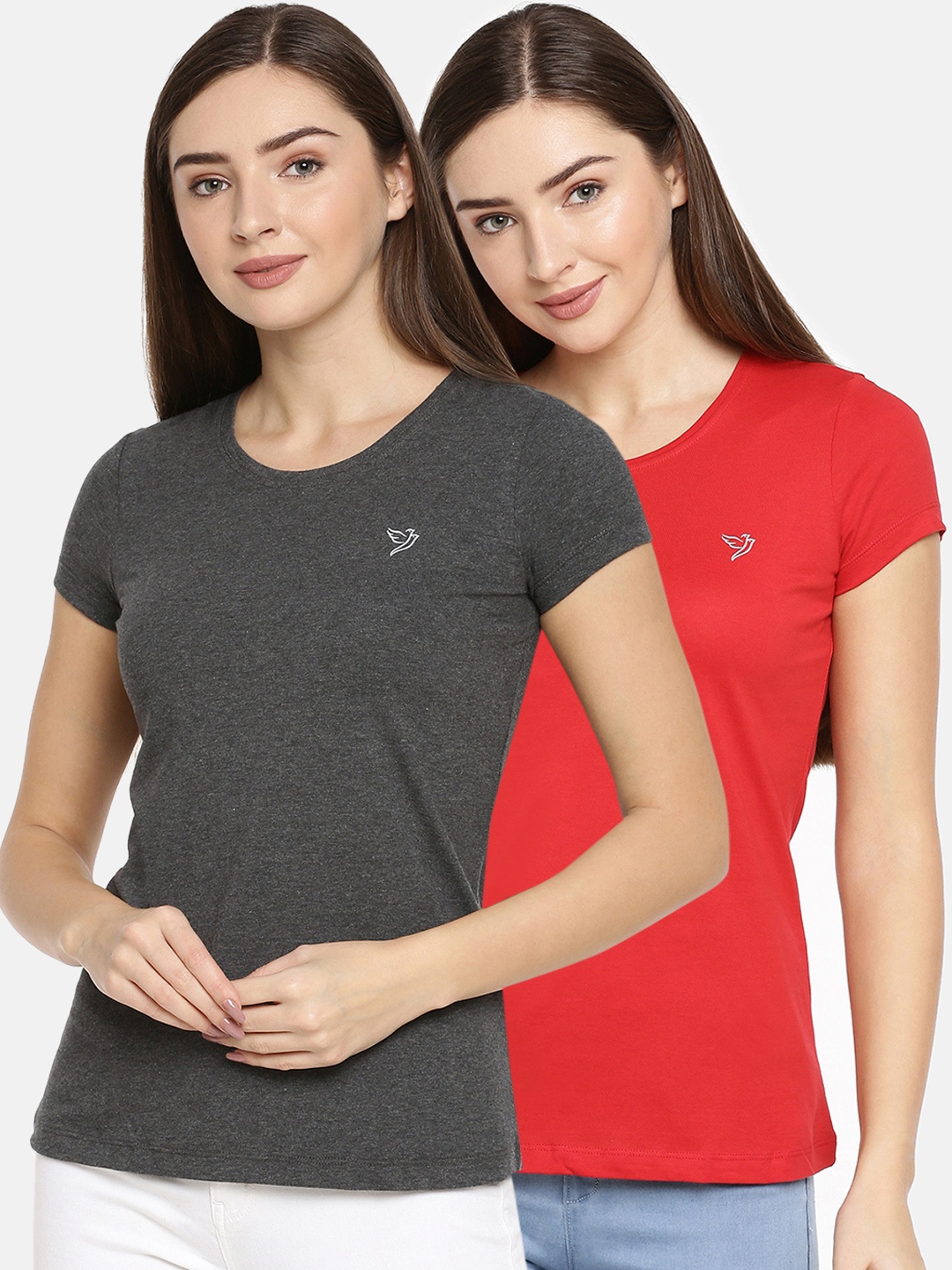 

TWIN BIRDS Women Pack of 2 Solid Round Neck T-shirt, Red