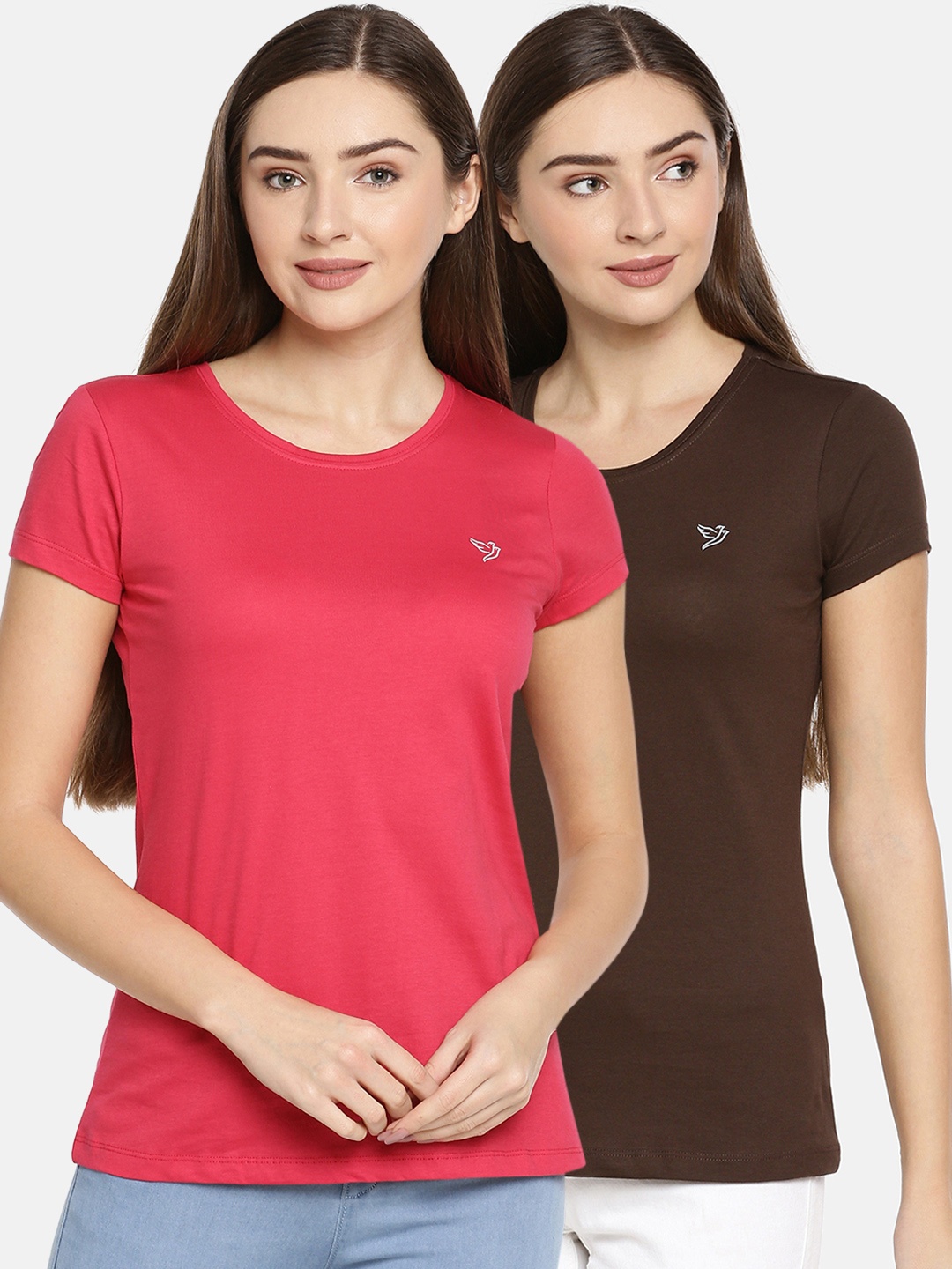 

TWIN BIRDS Women Pack of 2 Solid Round Neck Pure Cotton T-shirt, Pink