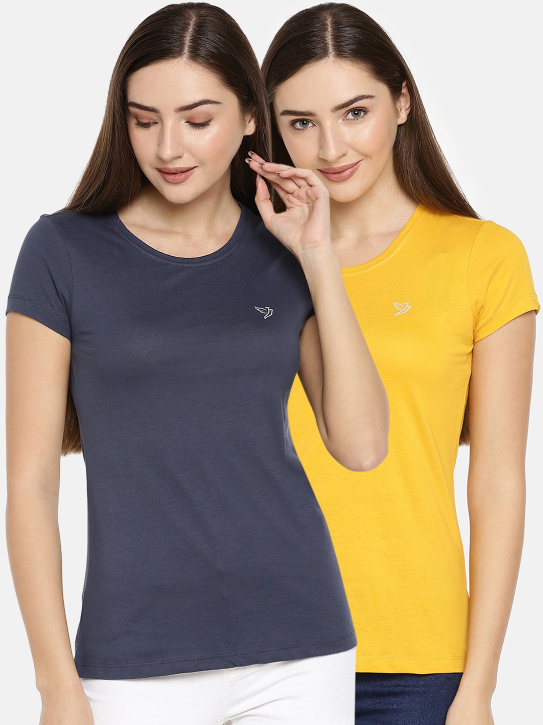 

TWIN BIRDS Women Set of 2 Solid Round Neck Pure Cotton T-shirt, Blue