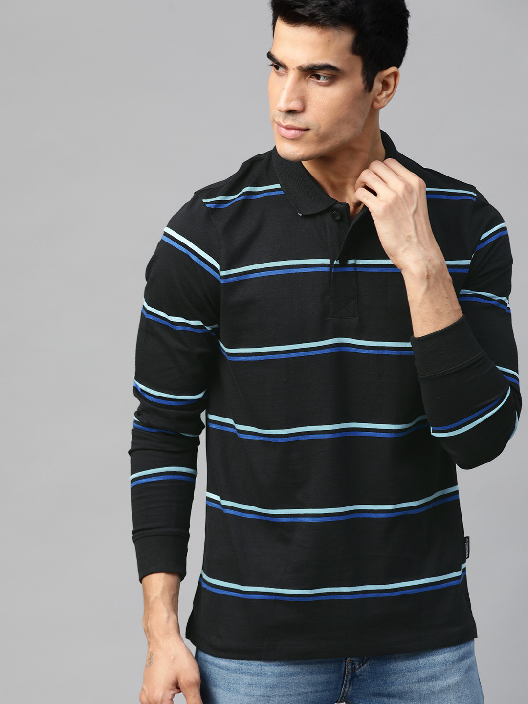 

Roadster Men Black Blue Striped Polo Collar Pure Cotton T-shirt