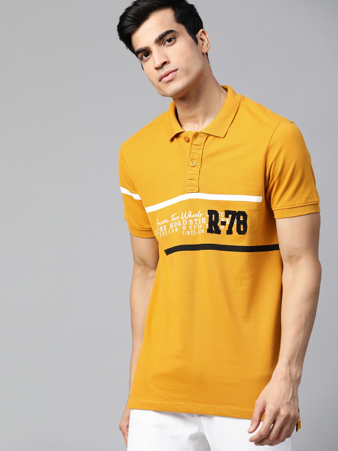 

Roadster Men Mustard Yellow & Black Embroidered Polo Collar T-shirt