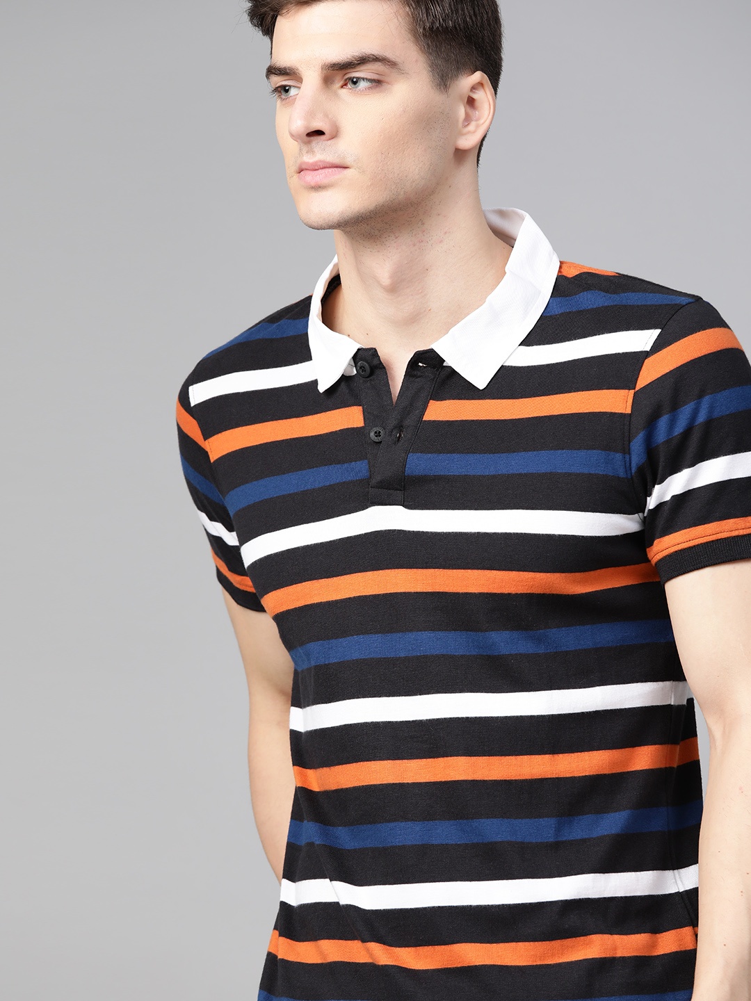 

Roadster Men Black White Striped Polo Collar Pure Cotton T-shirt