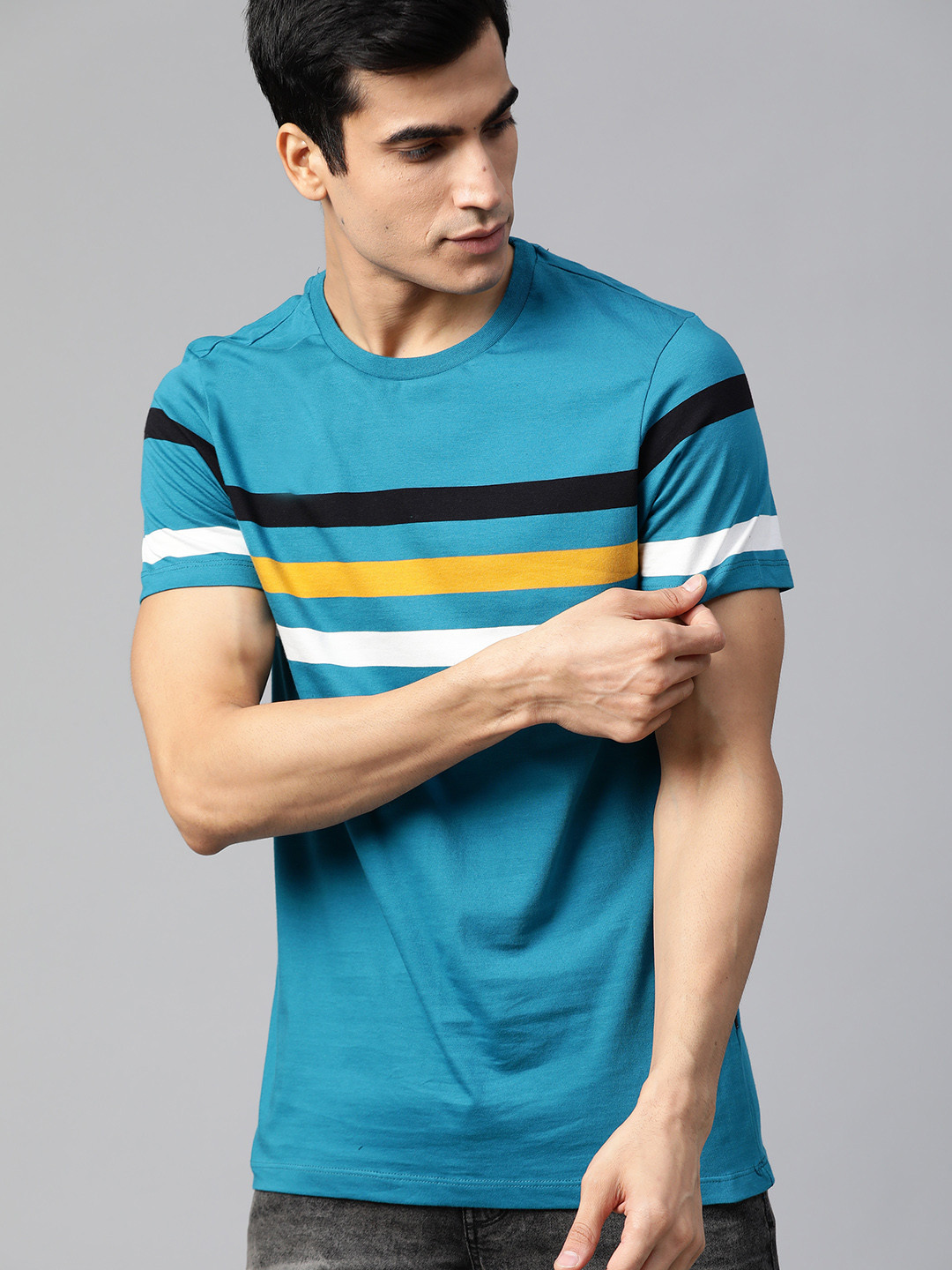 

Roadster Men Turquoise Blue Striped Round Neck Pure Cotton T-shirt