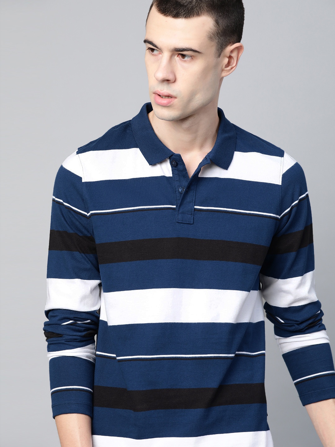 

Roadster Men Blue & White Striped Polo Collar T-shirt