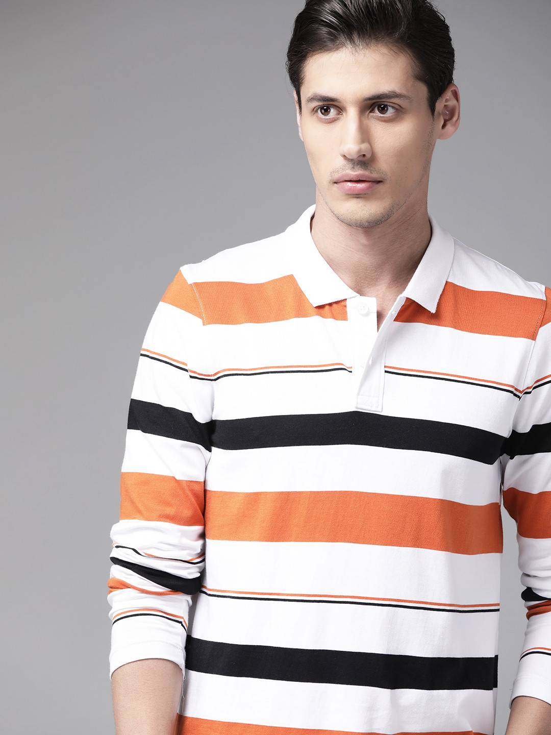 

Roadster Men White & Orange Striped Polo Collar Pure Cotton T-shirt