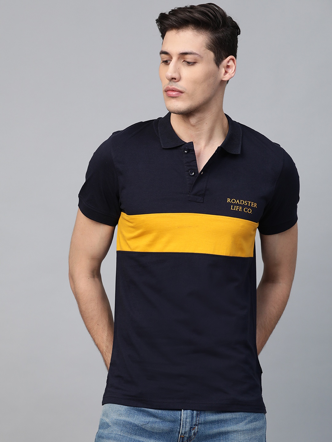 

Roadster Men Navy Blue Mustard Yellow Colourblocked Polo Collar Pure Cotton T-shirt