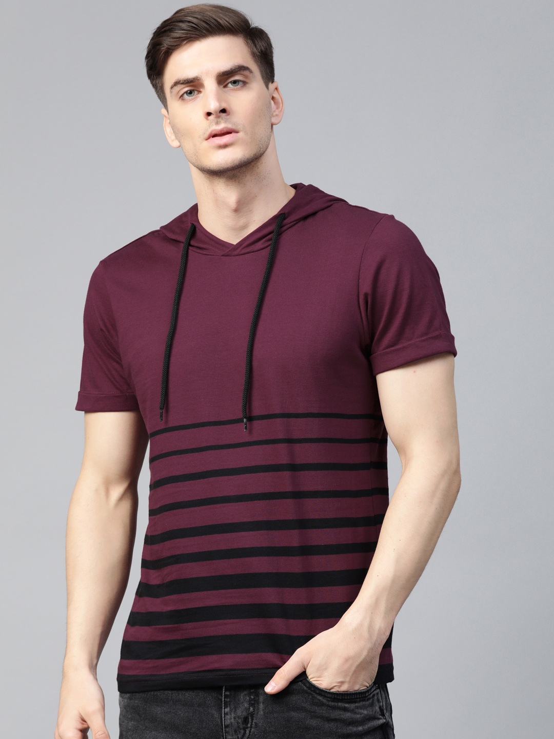 

Roadster Men Burgundy & Black Striped Hood T-shirt