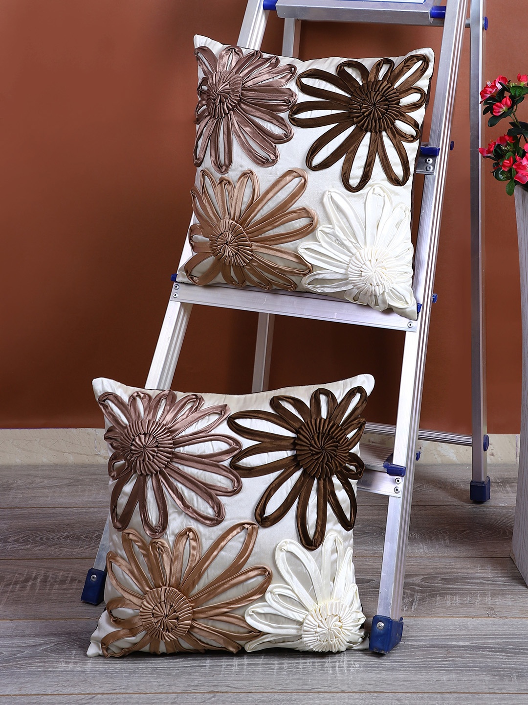 

eyda Cream-Coloured & Brown Set of 2 Embellished Square Cushion Covers