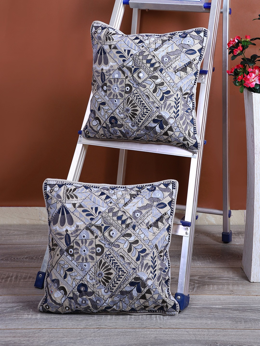 

eyda Blue & Grey Set of 2 Embroidered Square Linen Cushion Covers