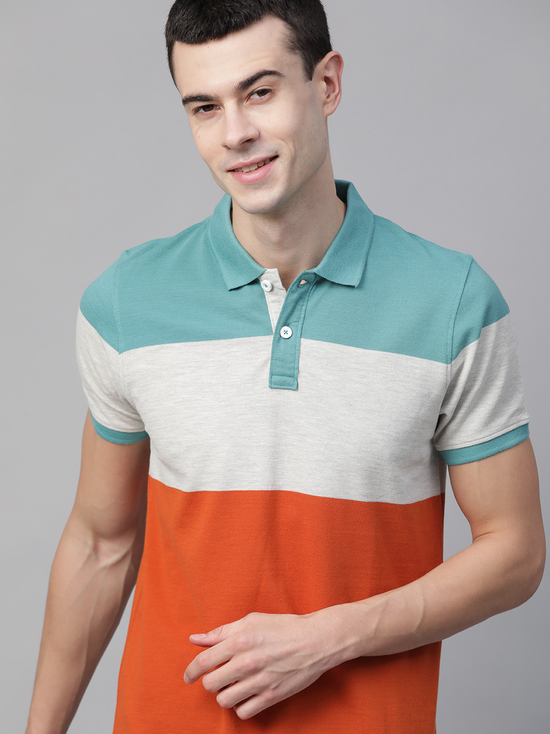 

Mast & Harbour Men Orange & Off-White Colourblocked Polo Collar T-shirt