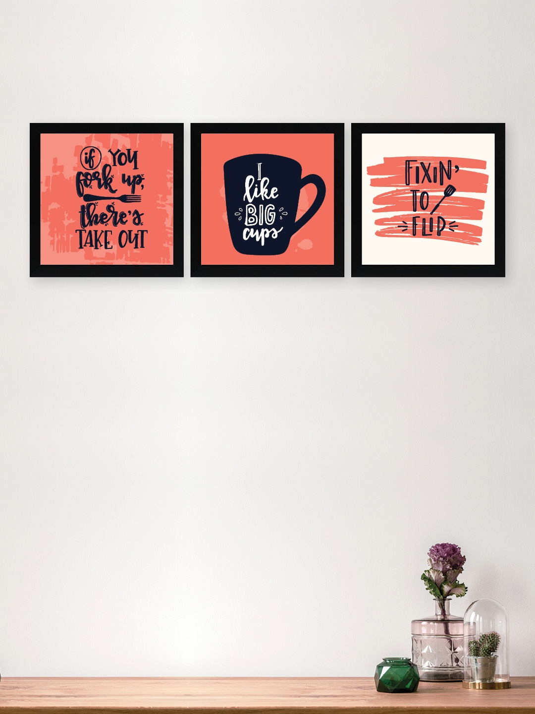 nest ART Set Of 3 Coral Pink & Black Printed Paper Framed Posters