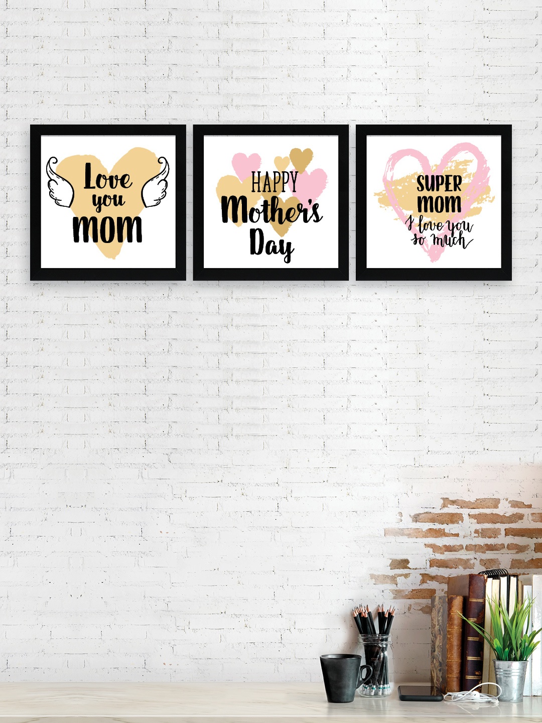 

nest ART Set Of 3 Yellow & Pink Printed Super Mom Inspirational Framed Posters