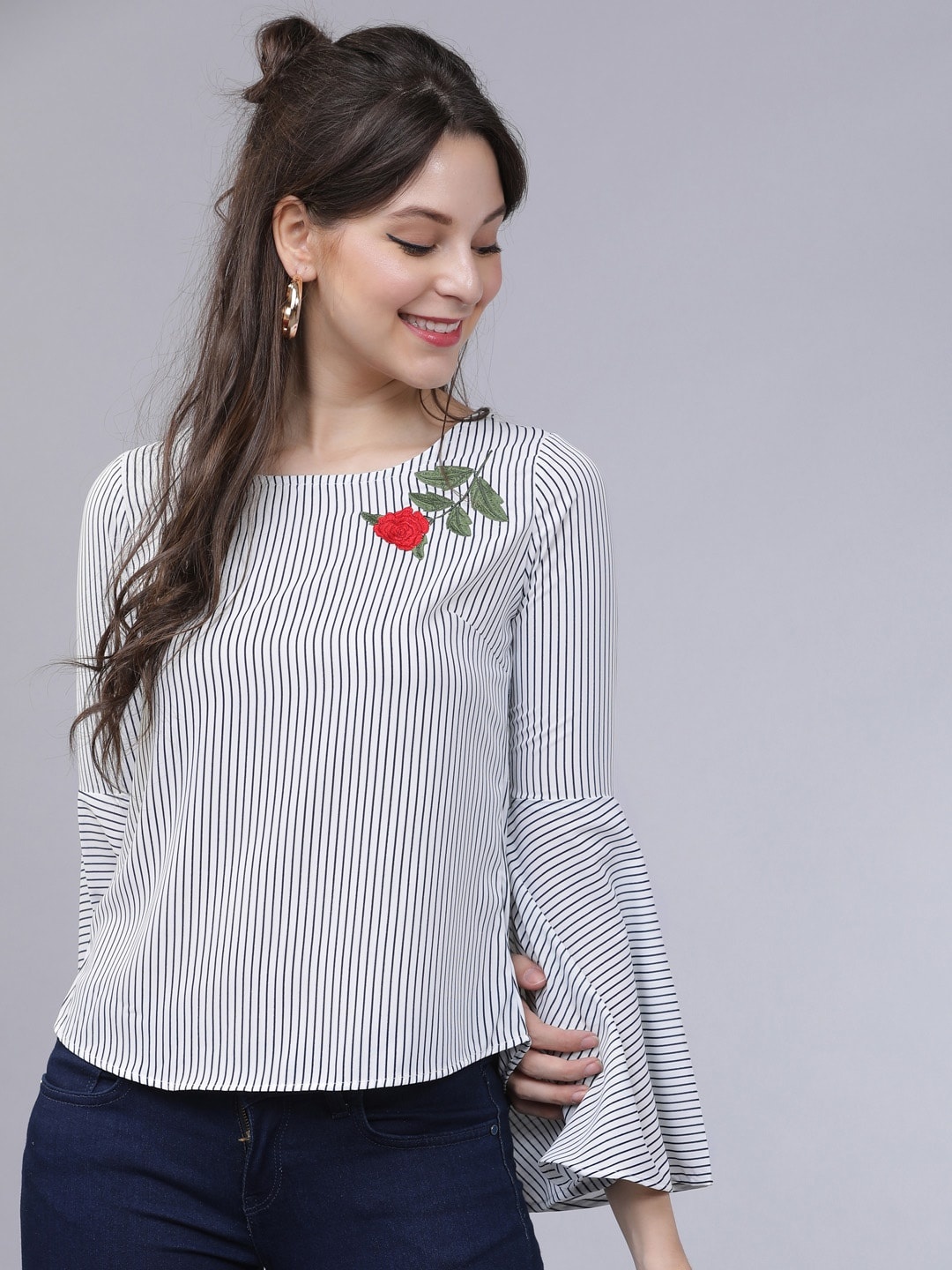 

Tokyo Talkies Women White Striped Embroidered Top