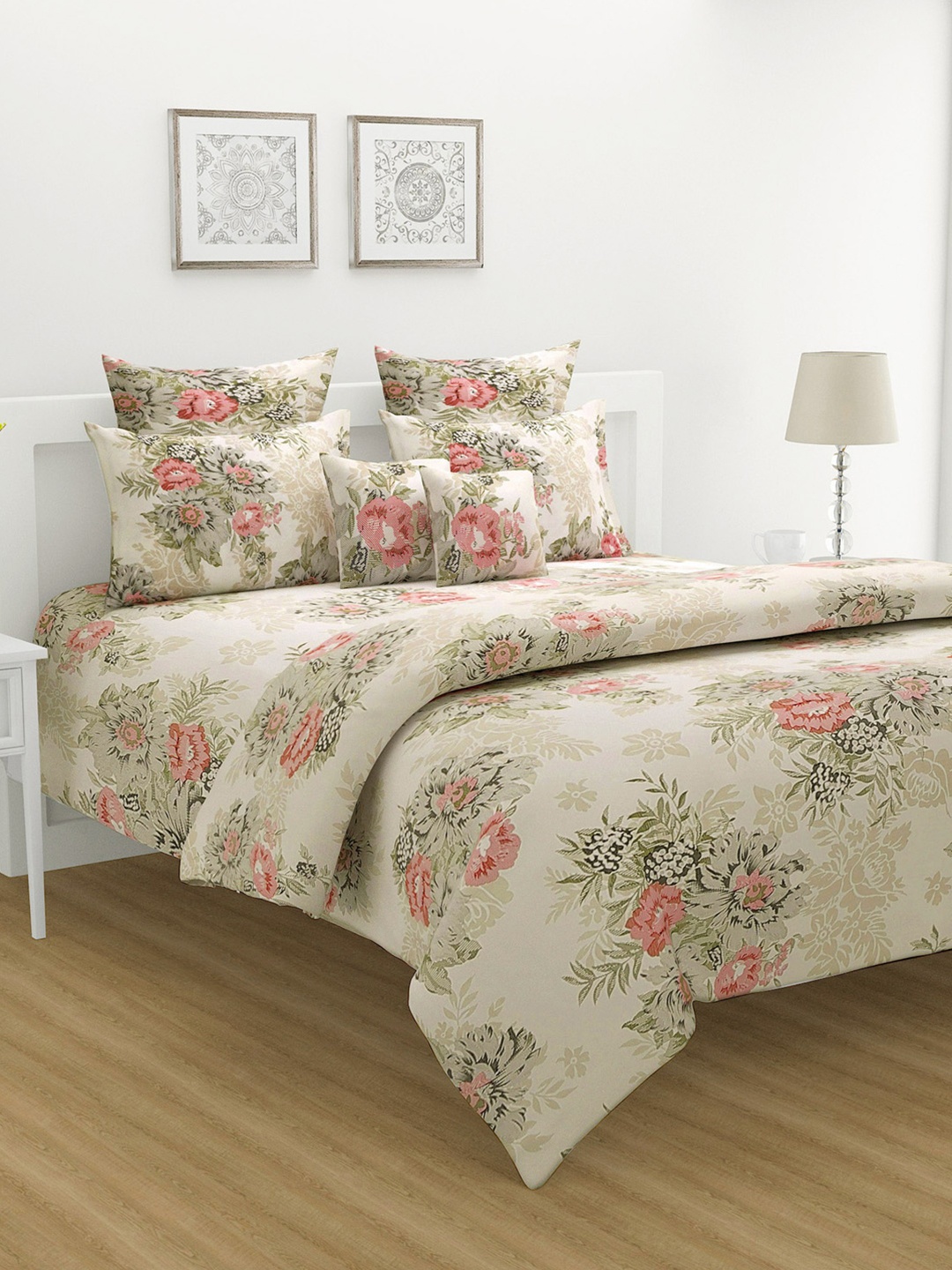 

SWAYAM White & Zinnia Floral Print 250 TC Mercerized Cotton Double Bedsheet Set, Beige