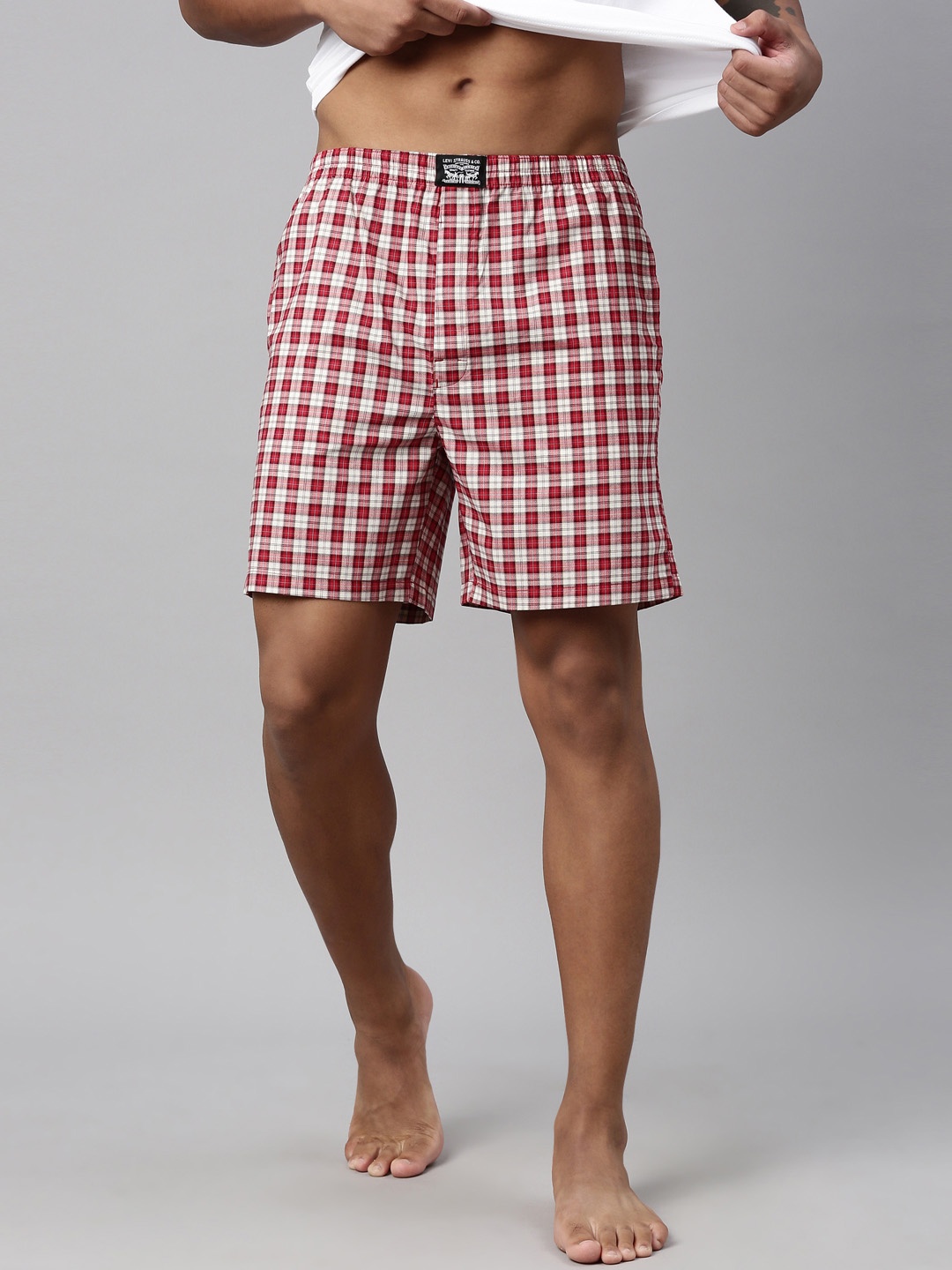 

Levis Men Checked Cotton Woven Soft Boxer Shorts with Side Pocket, Red