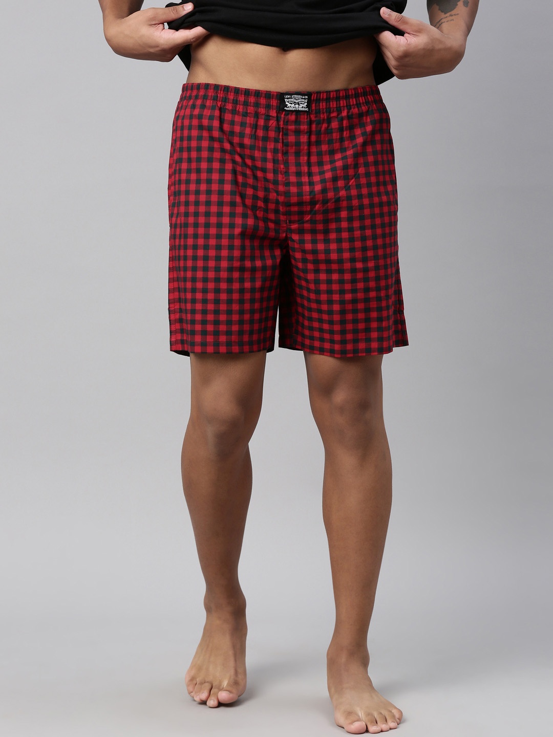 

Levis Men Checked Cotton Woven Soft Boxer Shorts with Side Pocket, Red