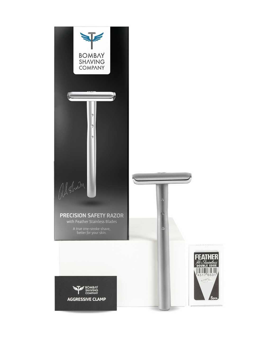 

Bombay Shaving Company Precision Safety Razor + 5 Platinum Coat Feather Blade Grooming Set, Metallic