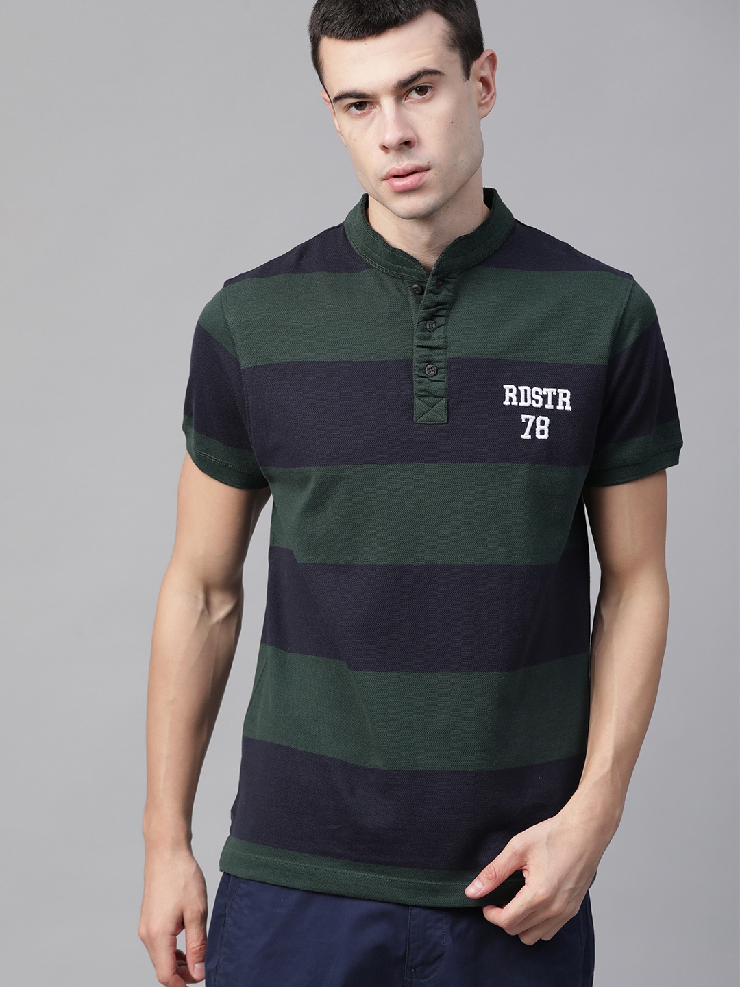 

Roadster Men Navy Blue & Green Striped Mandarin Collar T-shirt