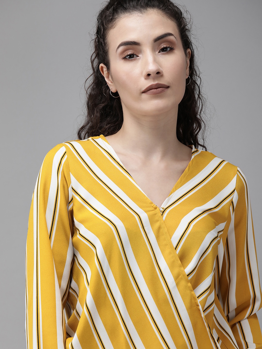 

Roadster Women Mustard Yellow & White Striped Wrap Top