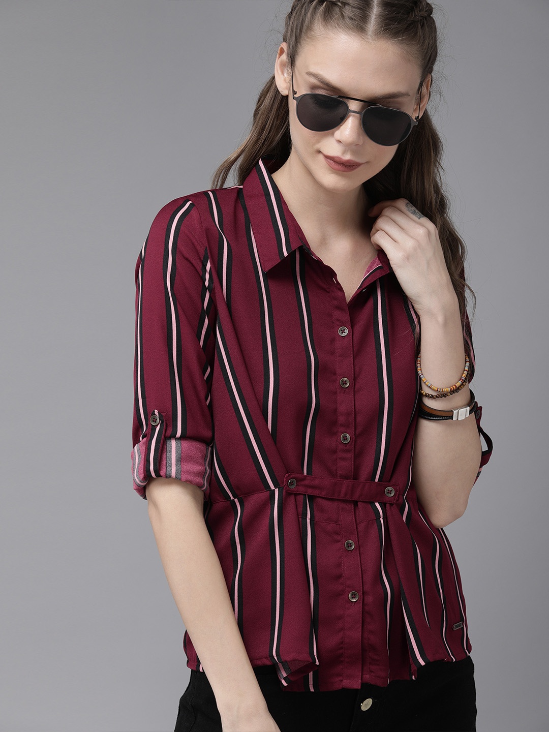 

Roadster Women Maroon & White Regular Fit Striped Casual Shirt With Tie-up