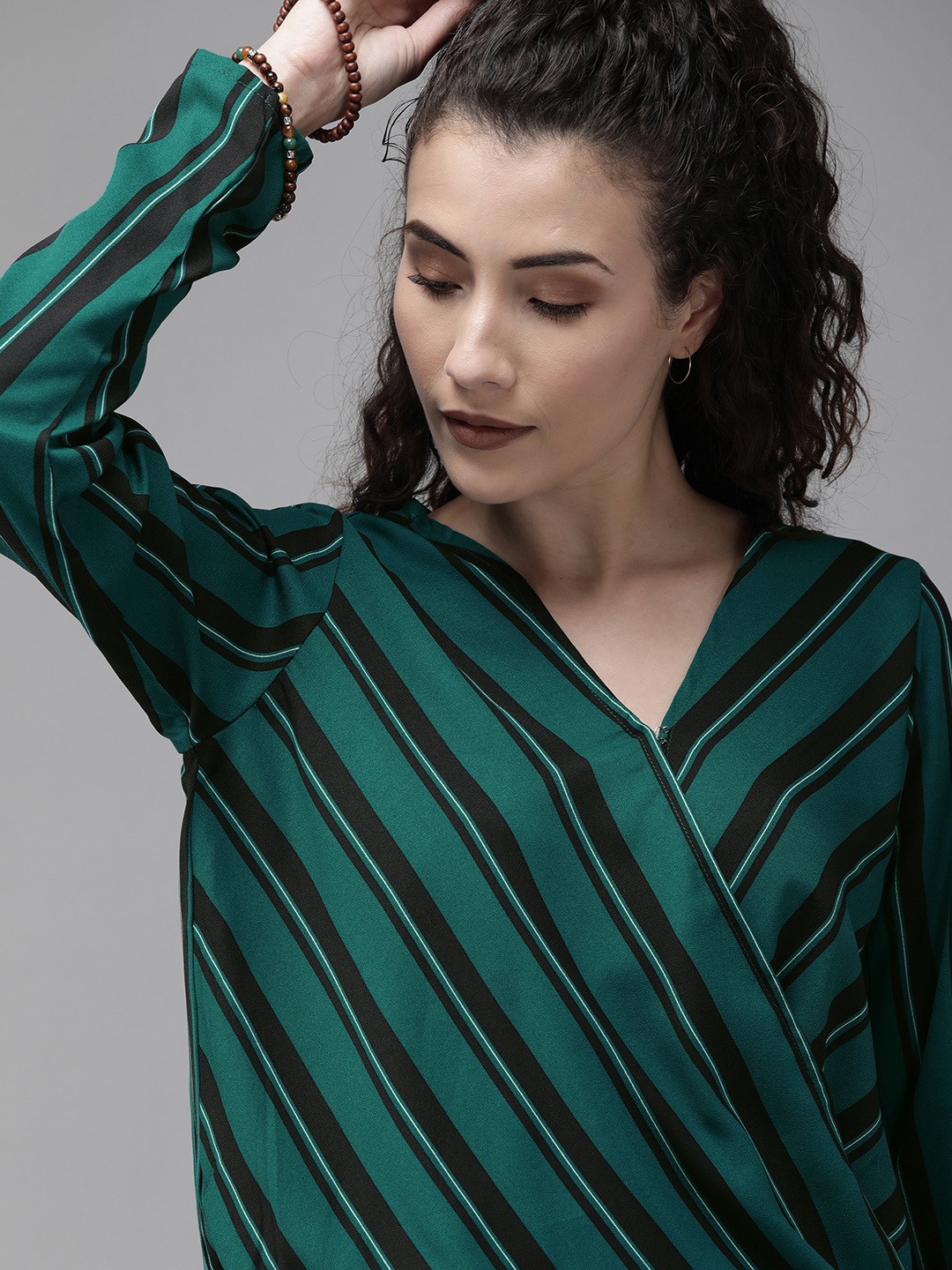 

Roadster Women Green & Black Striped Wrap Top