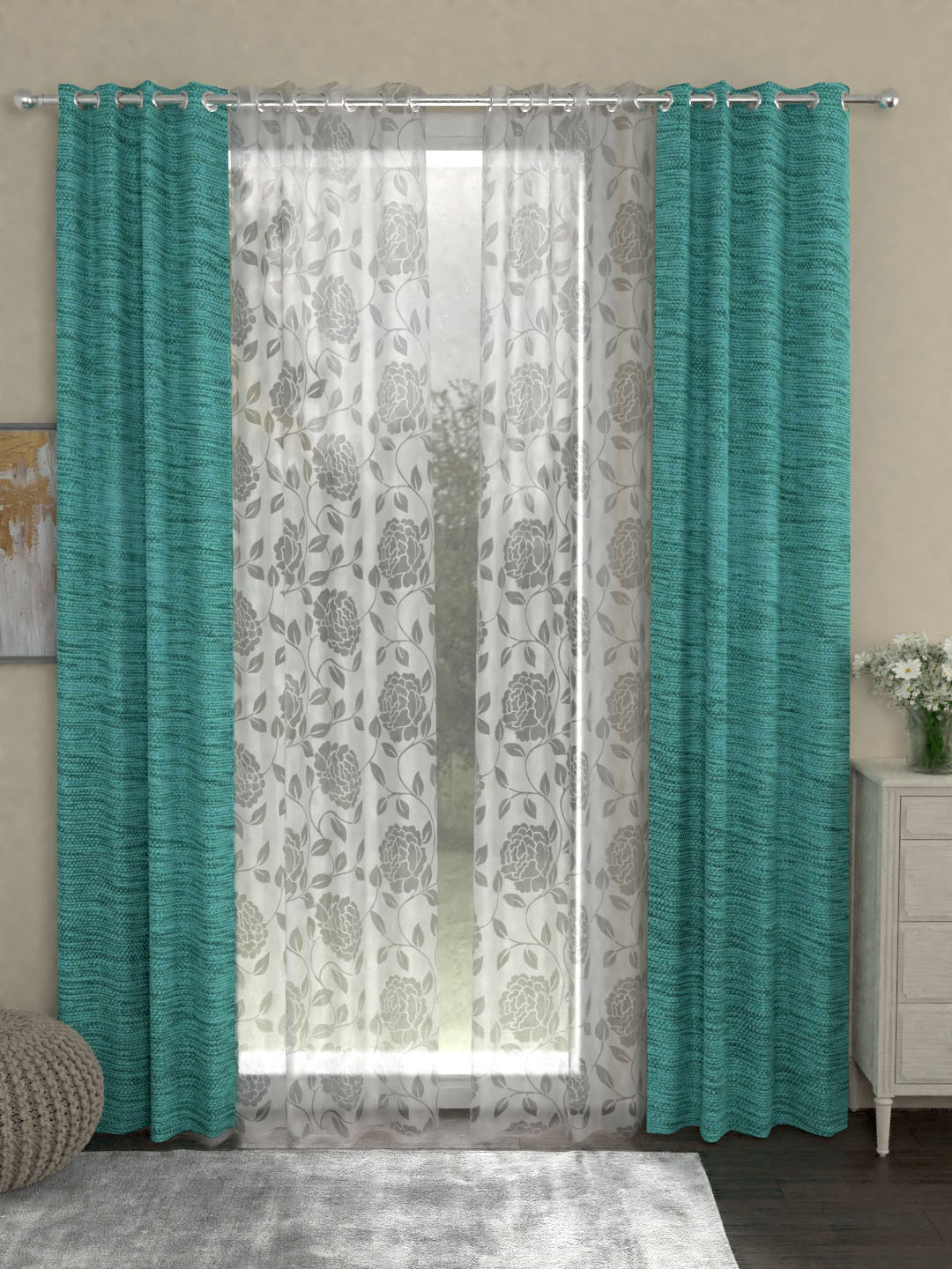 

ROSARA HOME Turquoise Blue & White Set of 4 Door Curtains