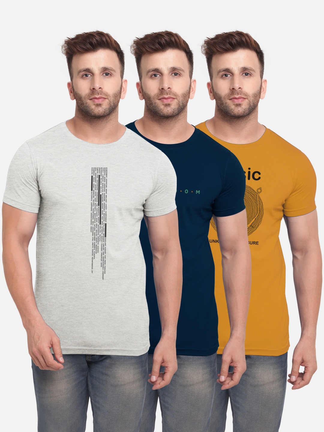 

BULLMER Men Pack of 3 Printed Round Neck T-shirt, Grey