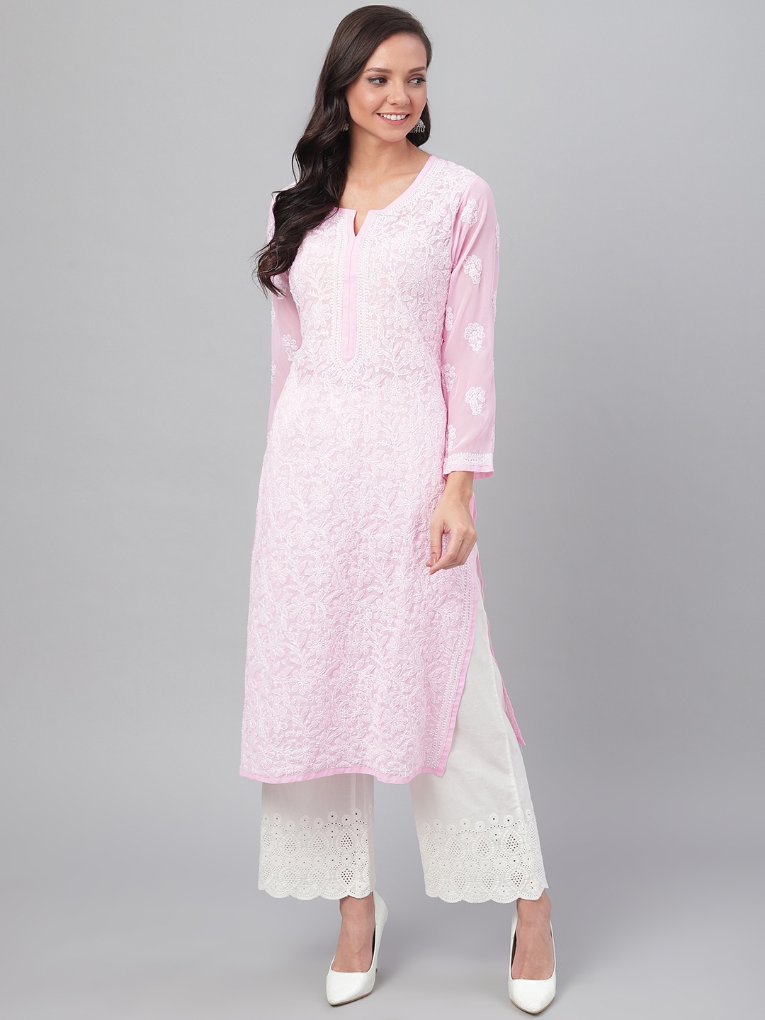 

ADA Women Pink & White Chikankari Hand Embroidered Straight Sustainable Handloom Kurta