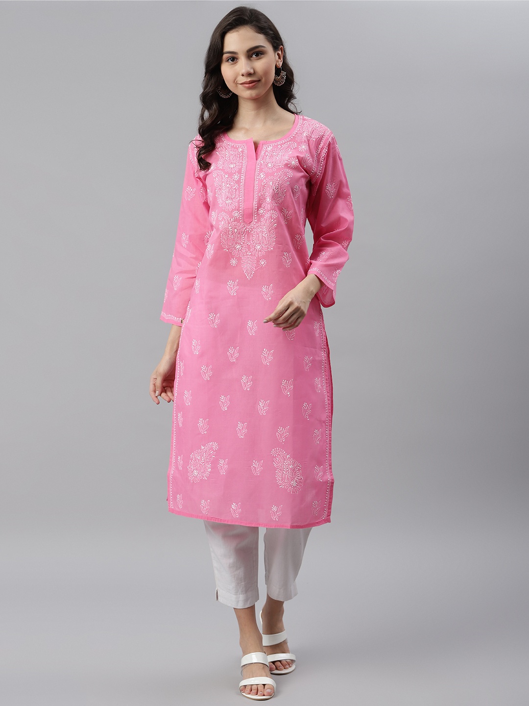

ADA Women Pink & White Chikankari Hand Embroidered Straight Sustainable Handloom Kurta