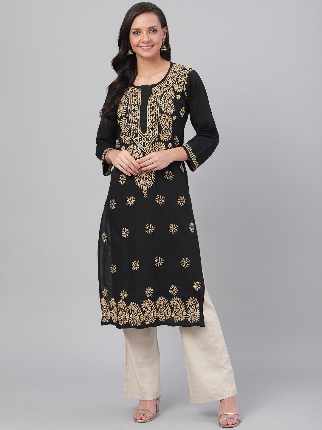 

ADA Women Black & Beige Chikankari Hand-Embroidered Straight Sustainable Kurta