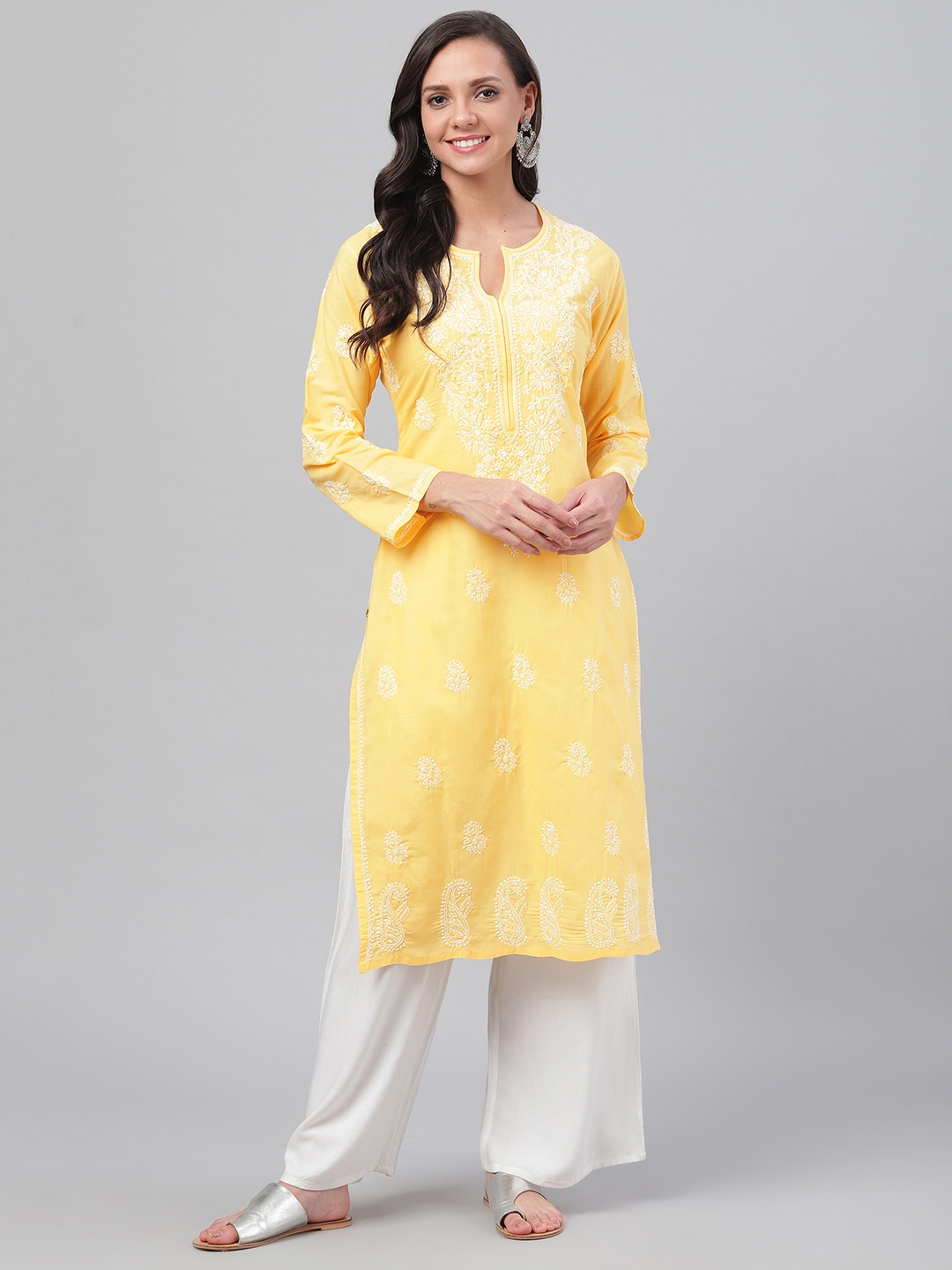 

ADA Women Yellow & White Chikankari Hand-Embroidered Straight Kurta